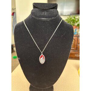 “Saint Anthony Pray for Us” dark red enamel necklace Silver tone with chain 20"